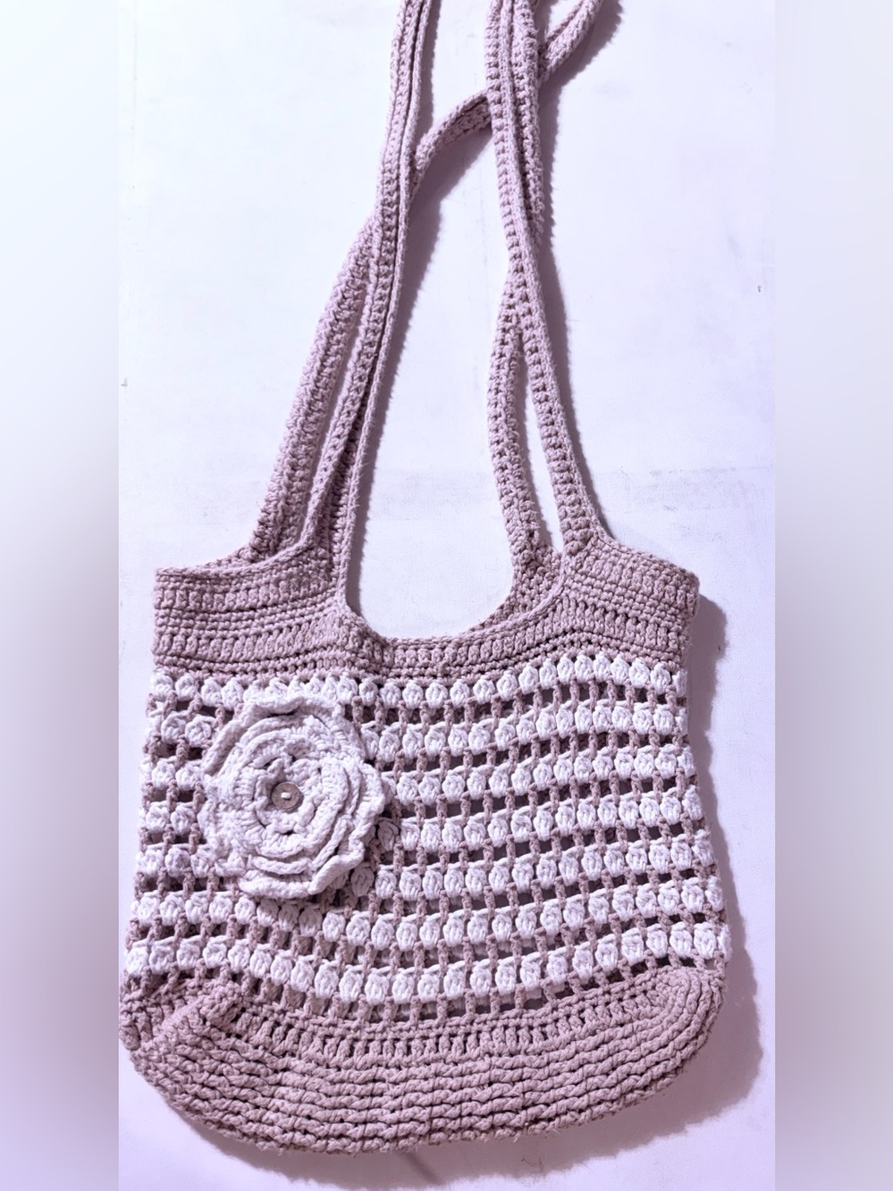 Handmade Crochet Tote Bag in Light Cream and Brown with Floral Accent